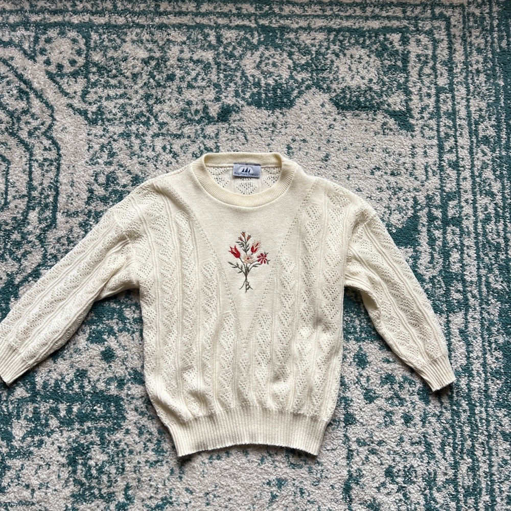 Cream Pointelle Knit Sweater with Floral Embroidery